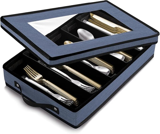Flatware & Utensil Storage, Durable Silverware Storage Box with Padded Dividers, 5 Compartment Flatware Storage Case, Silverware Case with Handles, Protects and Organizes Cutlery, Blue-NeatNest