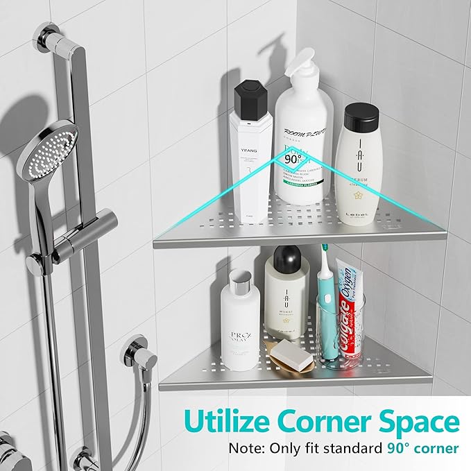 Corner Shower Shelves, 10” Recessed Tile Shower Shelf Brushed Nickel, 304 Stainless Steel Grout in Corner Tile Bathroom Shelves, No Drilling, 2 Pack-NeatNest