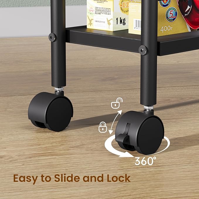Black Slim Storage Cart, 4 Tier Rolling Utility Cart on Wheels, Slim Bathroom Storage for Small Spaces in Kitchen, Dining Room, Bathroom, Laundry Room, Black