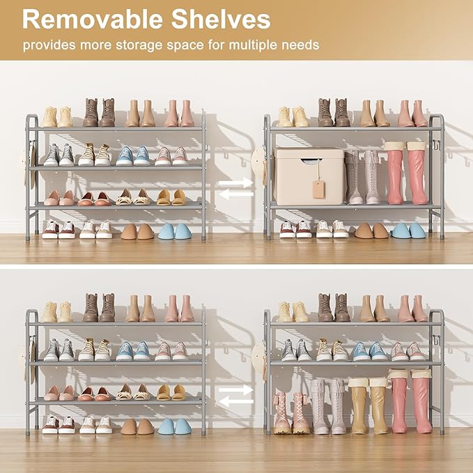 3 Tier Shoe Rack 33" Wide Metal Shoe Organizer Long Shoe Storage with 4 Side Hooks Sturdy Shoes Shelf for Front Door Entrance, Closet, Garage, Dorm, Grey-NeatNest