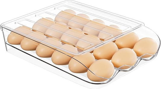 Egg Holder for Fridge 16 Capacity Automatic Rolling Egg Organizer for Refrigerator, Clear Stackable Container for Kitchen or Pantry Storage 1 Pack