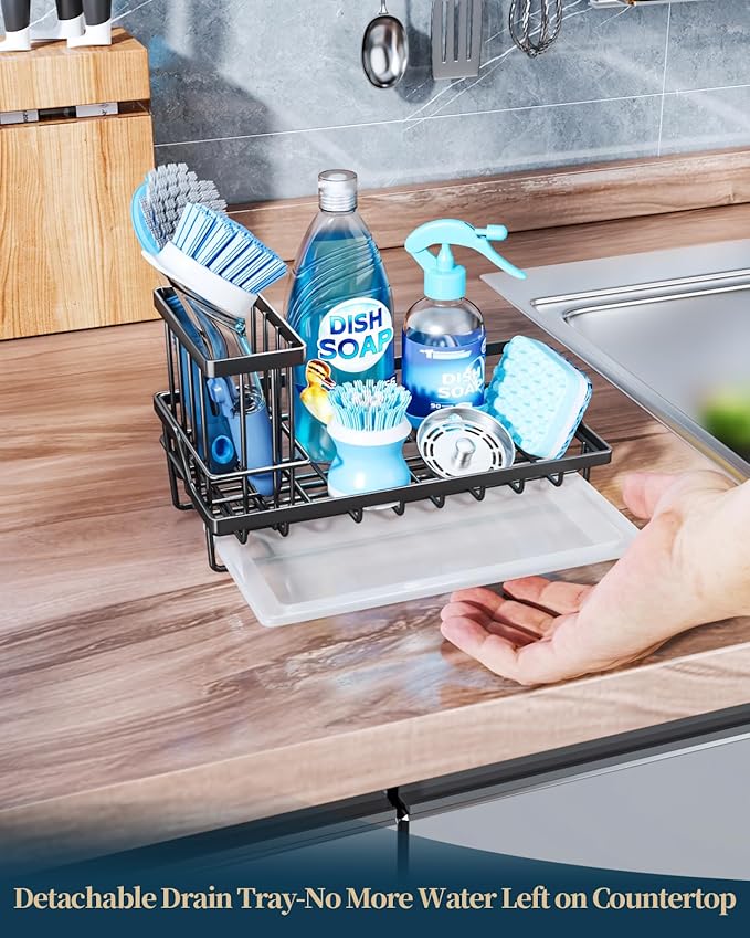 Consumest Sink Caddy, Kitchen Sponge Holder with Dish Brush Holder, Kitchen Sink Organizer with Drip Tray for Countertop Stainless Steel Rustproof, Black-Large-NeatNest