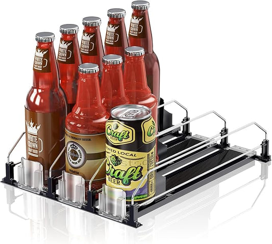 Drink Organizer for Fridge,12oz 16oz 20oz - Soda Can Dispenser for Refrigerator,Width Adjustable,Automatic Pusher Glide (Black, 15"D 3ROW, Holds 15 Cans)