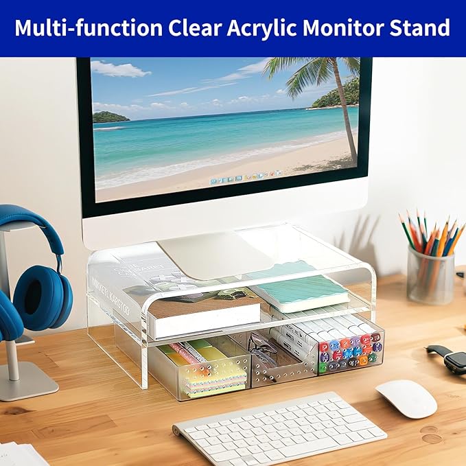 Acrylic Clear Desk Organizer and Accessories, 2-Tier Computer Monitor Stand Riser with Drawer, Laptop Stand, Office Desk Accessories for Office Supplies, Transparent
