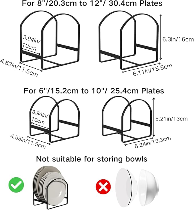 4 Pack Kitchen Plate Holder Organizer for Cabinet Space Saver Dinner Dish Plate Storage Rack Upright Dish Drying Racks Metal Dish Racks Stand for Cupboard and Countertop 2 Large 2 Small Black