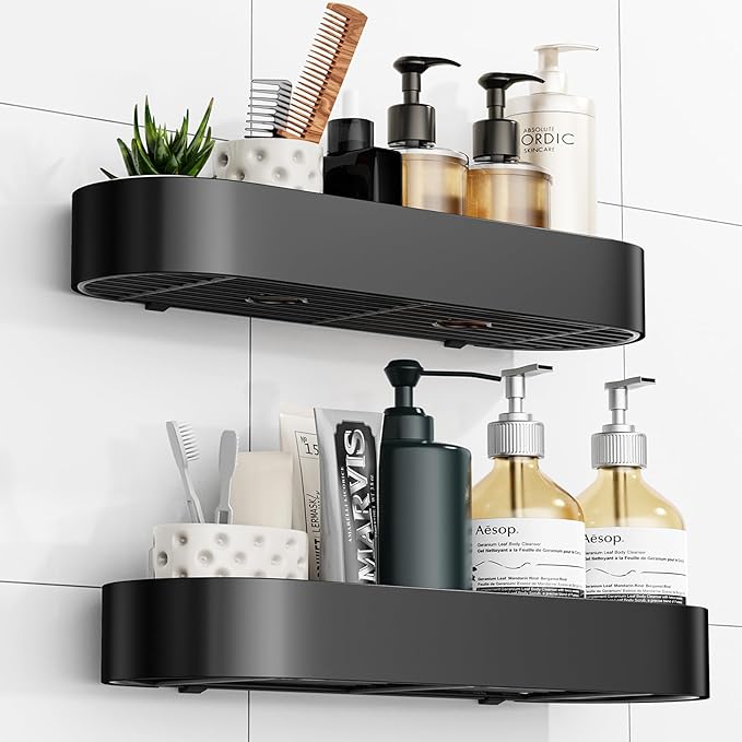 Adhesive Shower Caddy, 2 Pack X-Large Bathroom Organizers and Storage with Large Capacity and 4 Hooks, No Drilling Shower Shelf for Inside Shower for Bathroom, Dorm and Kitchen