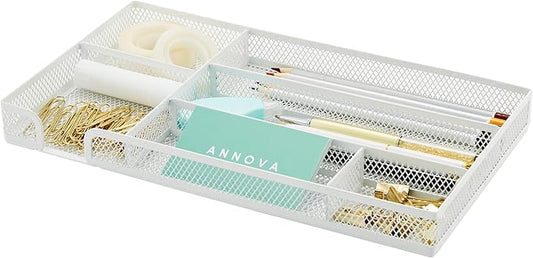 Annova Desk Drawer Organizer Tray for Office Organization - Metal Mesh - Storage Tray with Dividers for Pens, Desktop Accessories, Bathroom, Kitchen, Makeup and Office Supplies (Small, White)-NeatNest