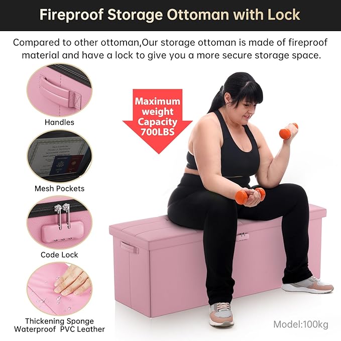DocSafe Storage Ottoman Bench, Fireproof＆Waterproof Folding Bench with Lock(15”x 43”x15”), Leather Storage Chest with Handles＆2 Extra Boxes, Ottoman Safe for Bedroom,Living Room,Home Office, Pink-NeatNest