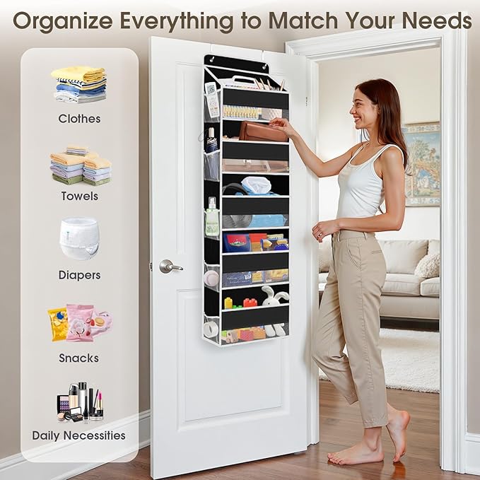 1 Pack Over The Door Organizer, Hanging Storage Organizer with Clear Window, 40lb Ultra Sturdy Large Capacity Room Organizer for Pantry Laundry Bathroom Nursery Closet (Black)-NeatNest