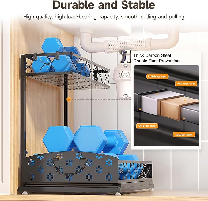 2 Packs Under Sink Organizer, High Adjustable 2 Tier Under Kitchen sink organizer, Multi-Purpose Storage Shelf for Kitchen Bathroom Cabinet, Black (Black02)-NeatNest