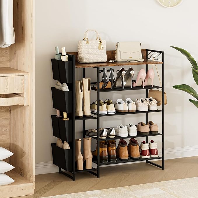 Brown 5-Tier Shoe Organizer - Free Standing Shoe Rack with Storage Bag for High Heels, Entryway, Hallways, Closets, Dormitory Rooms-NeatNest