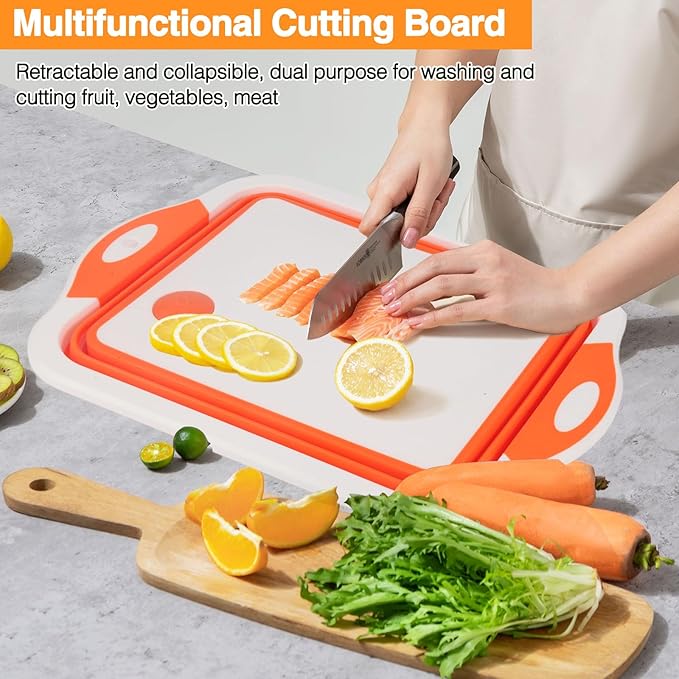 Collapsible BBQ Prep Tub/Cutting Board 10L, Foldable Dish Tub with Colander, Portable Camping Sink, Multifunction Dishing Basin Bucket Wash Tub for Kitchen Fruit Vegetable Picnic (Orange)-NeatNest