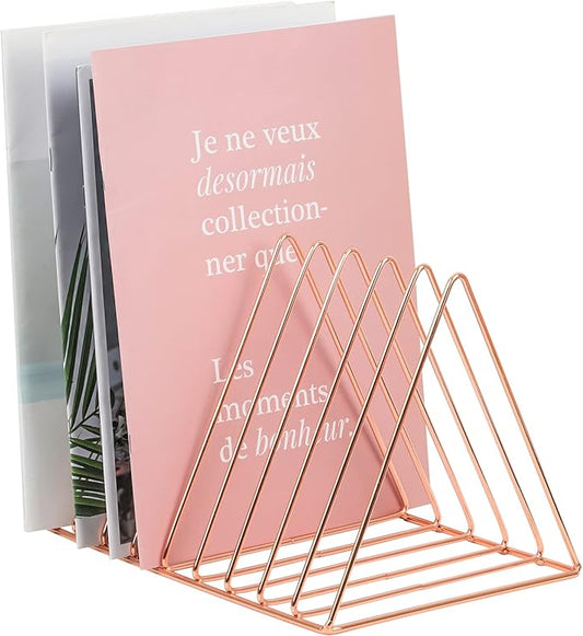 EASEPRES Rose Gold Magazine Holder, Desktop File Sorter Organizer Triangle 9 Slot Newspaper Record Storage Shelf Rack for Home Office Decoration