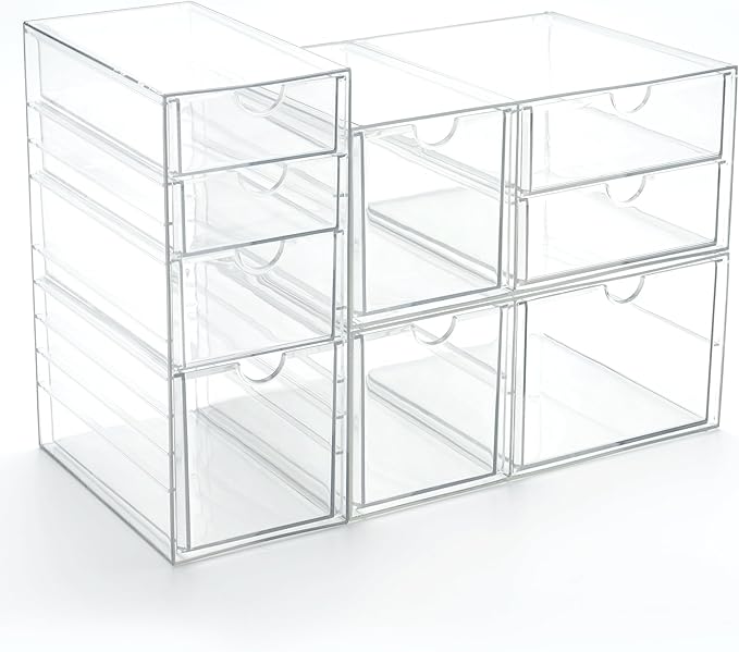 Prsildan Acrylic Drawer Makeup Organizer with 9 Drawers, Set of 3 Office Desk Organizers Accessories, Clear Stackable Storage Drawers for Vanity, Countertop, Craft, Jewelry, Art Supply Organization-NeatNest