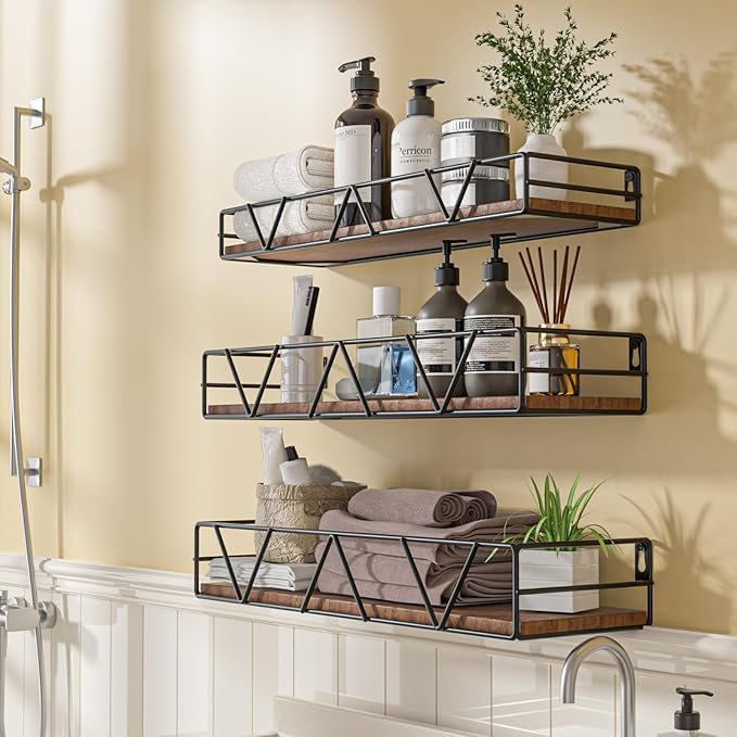 Floating Shelves Set of 3, Home Wood Wall Shelf, Farmhouse Shelf for Bedroom, Wall Mounted Floating Shelf for Living Room, Bedroom, Bathroom, Kitchen, Office (Black)-NeatNest