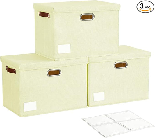 17" Large Collapsible Storage Bins with Lids, Stackable Closet Organizers with PU Handle and Labels, 3-Pack Decorative Fabric Storage Boxes for Home, Bedroom, Closet, Office, Nursery(Beige)-NeatNest