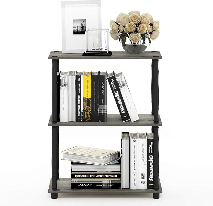 Furinno 18029GYW/BK Turn-N-Tube 3-Tier Compact Multipurpose Shelf Display Rack, Classic, French Oak Grey/Black, 3-Tier Classic Tubes-NeatNest