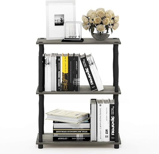 Furinno 18029GYW/BK Turn-N-Tube 3-Tier Compact Multipurpose Shelf Display Rack, Classic, French Oak Grey/Black, 3-Tier Classic Tubes-NeatNest