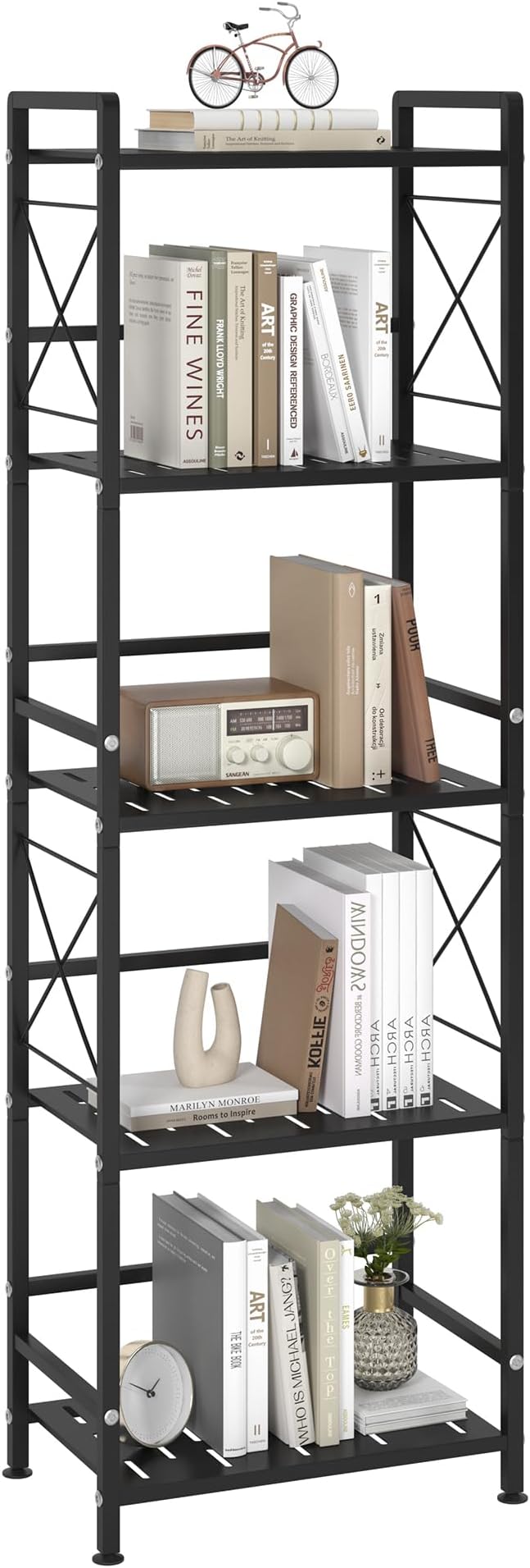 JSB 5 Tier Metal Bookshelf Bathroom Storage Standing Shelf Unit Kitchen Storage Organizer Display Rack Bookcases Shelves for Living Room, Bedroom, Office (Widen Black, 5 Tier)