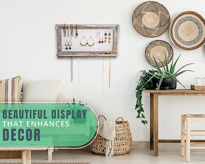 Comfify Rustic Jewelry Organizer – Wall Mounted Jewelry Holder w/Removable Bracelet Rod, Shelf & 16 Hooks – Perfect Earrings, Necklaces & Bracelets Holder – Rustic White-NeatNest