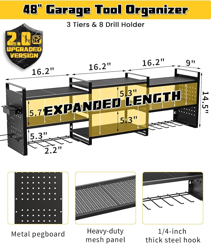 Heavy-Duty 48" Wall Mount Power Tool Organizer with Charging Station – 3-Tier Garage Organization Rack for Drills, Wrenches & Tools – Includes 16 Hooks & Pegboard Sides