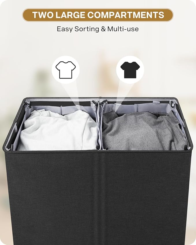 SOLEDI Double Laundry Hamper with Lid, 130L Clothes Hamper 2 Section, Laundry Basket with Removable bag, Bed room decor aesthetic, laundry room organization, Home and dorm room essentials-NeatNest