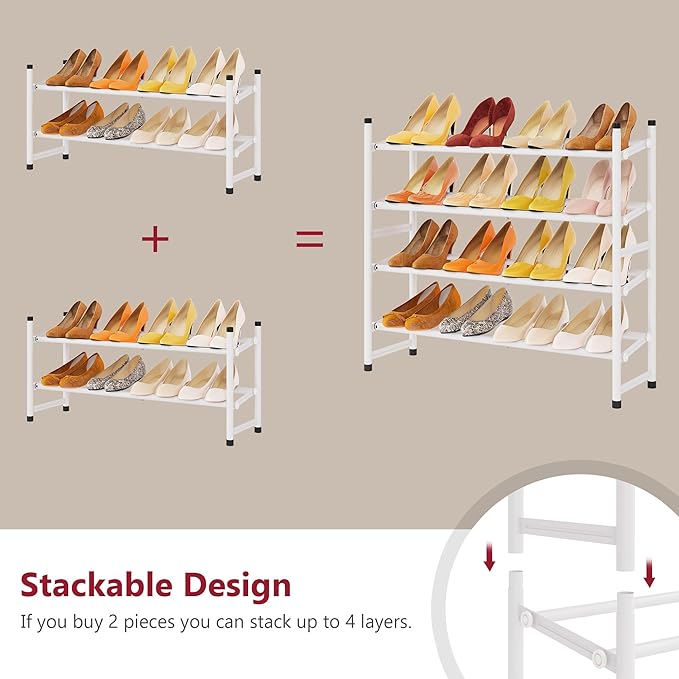 Tajsoon Expandable Shoe Rack for Closet 2 Tier, 28“-41“ Adjustable & Stackable Shoe Shelf Storage, Metal Shoe Rack Organizer for Front Door Entrance, Closet, Garage, Entryway, White-NeatNest