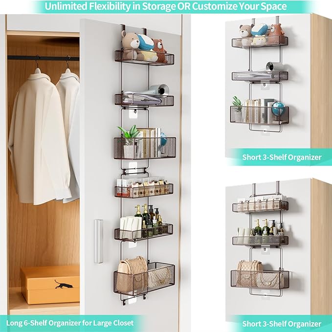 HapiRm Over Door Organizer Storage - Separable Door Organizer Hanging with 6 Metal Large Capacity Baskets for Bathroom Bedroom Kitchen Pantry Closet (Brown)