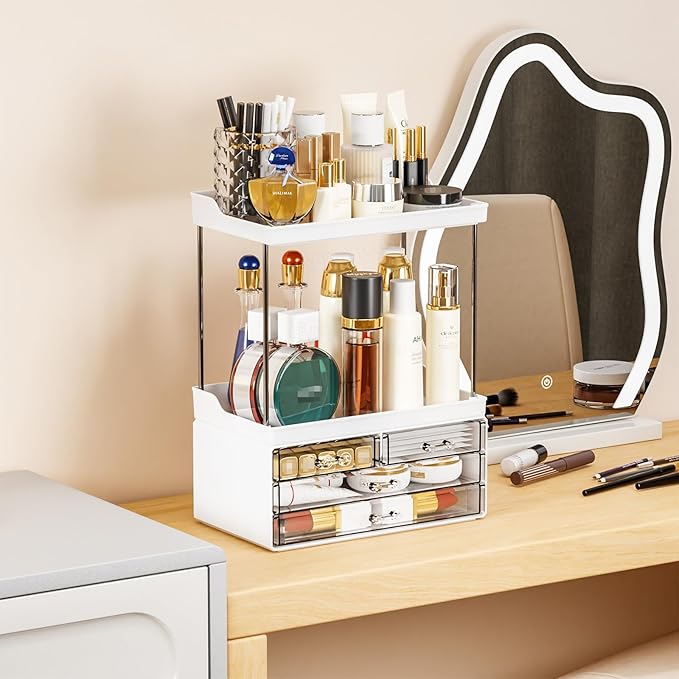 Yieach Bathroom Counter Organizers and Storage,White Acrylic Makeup Organizers with Drawers for Vanity,Bedroom,Plastic Skincare Organizer for Dresser Top Beauty,Cosmetic,Lotion and Perfume Organizer-NeatNest