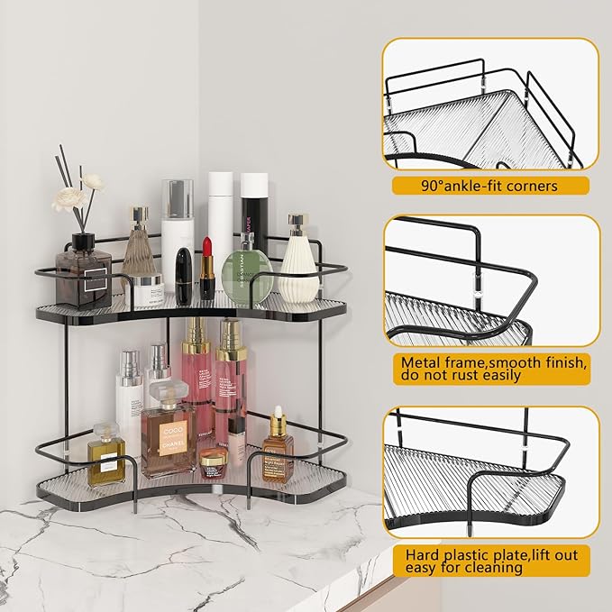 FOLLOWIN 2 Tier Bathroom Countertop Corner Organizer,Countertop Perfume Tray,Vanity Counter Shelf,Skincare Makeup Cosmetic Vanity Organizers,Elegant Black-NeatNest