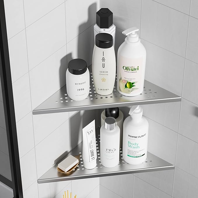 Corner Shower Shelves, 10” Recessed Tile Shower Shelf Brushed Nickel, 304 Stainless Steel Grout in Corner Tile Bathroom Shelves, No Drilling, 2 Pack-NeatNest