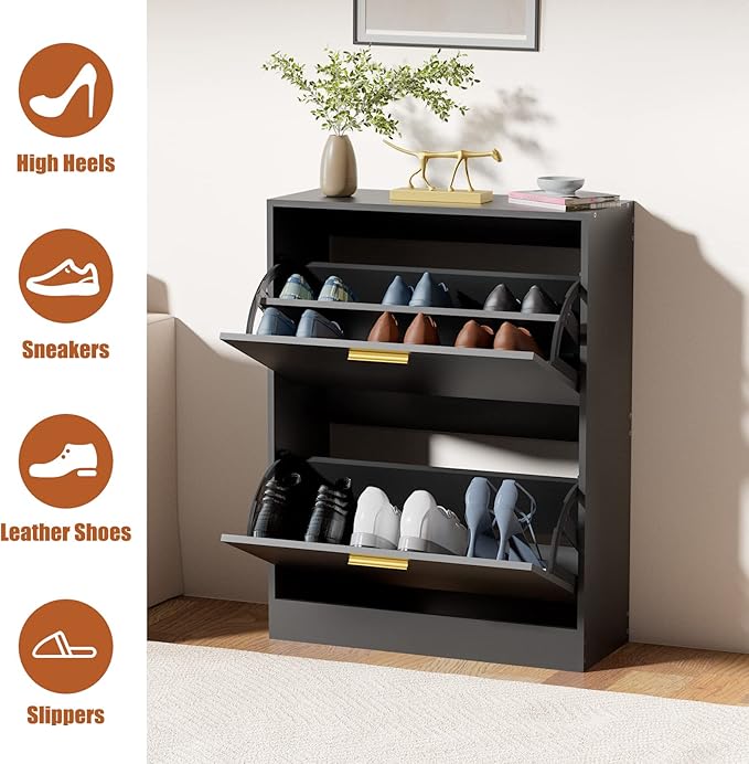 JOZZBY Shoe Cabinet Storage for Entryway, Slim Black Hidden Shoe Organizer Cabinet with 2 Flip Drawers, Wooden Narrow Shoe Rack with 2 Tier Freestanding for Hallway, Living Room-NeatNest
