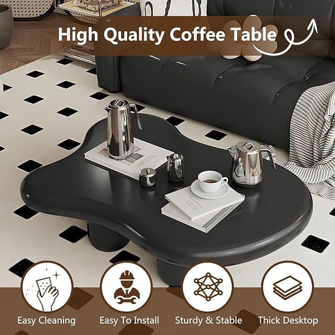Cloud-Shape Cute Coffee Table Black Irregular Coffee Table with 3 Short Legs Modern Live Round Edge Coffee Table for Living Room Bedroom Easy Assembly,Cloud b Black 39.4"-NeatNest