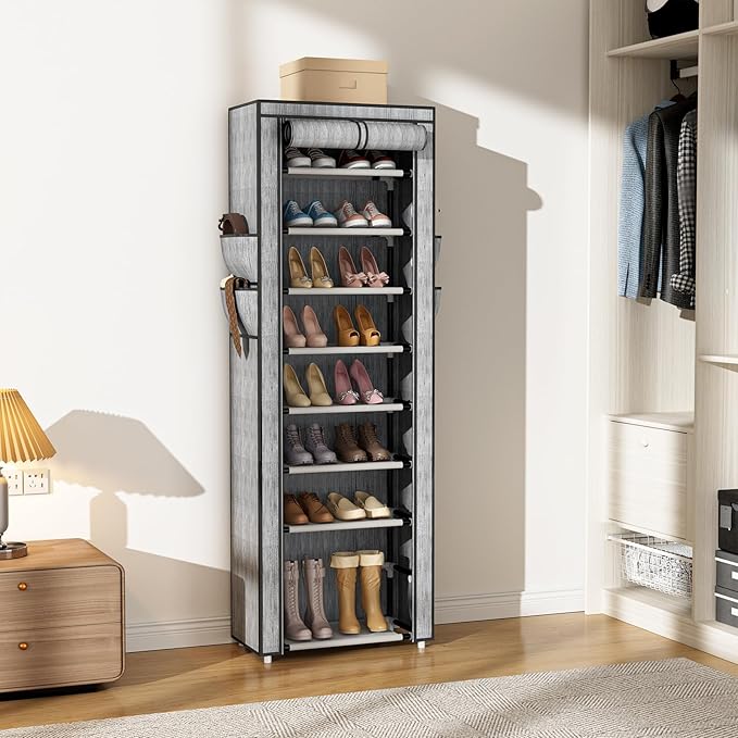 Shoe Rack with Cover Narrow Shoe Rack Organizer with 4 Side Pockets 10 Tier Tall Shoe Storage Shoe Shelf Holds 18-22 Pairs Shoes and Boots Shoe Rack for Closet, Printing-NeatNest