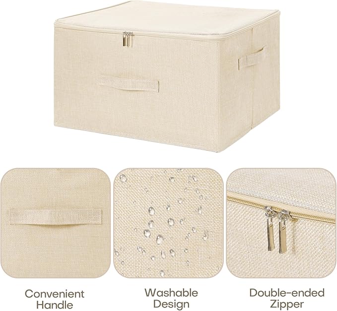 ANMINY 2PCS Storage Bins with Zipper Lids 36 Qt Lidded Fabric Storage Boxes Baskets Cubes with Handles Collapsible Washable Cotton Linen Closet Shelf Clothes Organizer Containers - Beige, Large-NeatNest