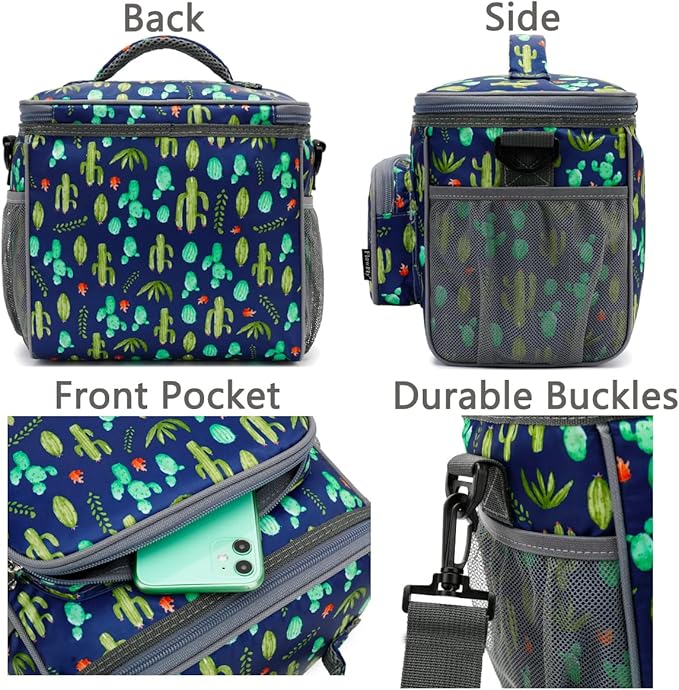 FlowFly Insulated Reusable Lunch Bag Adult Large Lunch Box for Women and Men with Adjustable Shoulder Strap,Front Zipper Pocket and Dual Large Mesh Side Pockets,Cactus-NeatNest