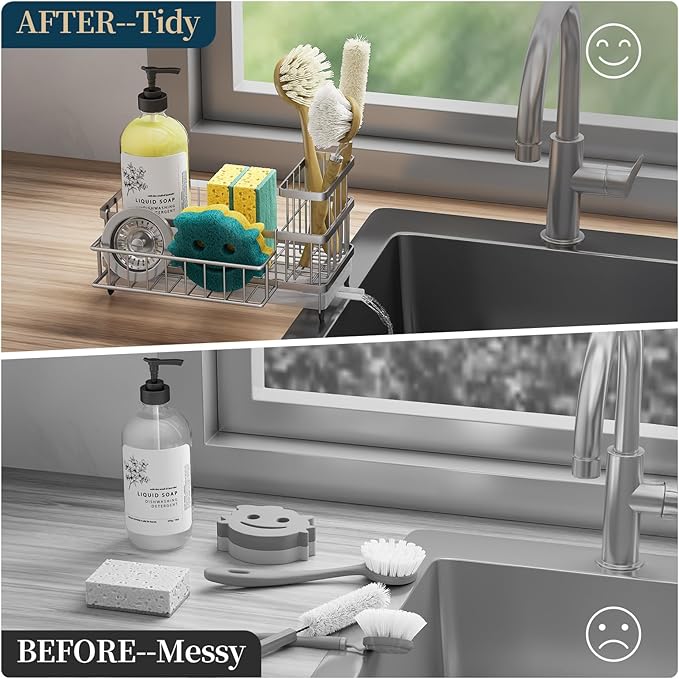 Consuemst Sponge Holder for Kitchen Sink - Auto Draining Sink Caddy Organizer with Detachable Rack, High Brush Holder, Kitchen Countertop Storage Accessories, Silver-NeatNest