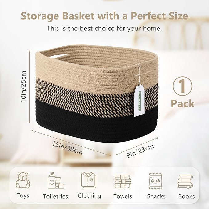 Cotton Rope Storage Basket, 15x10x9 Inches, Woven Basket for Shelves, Clothes, Toys, Towels, Books, and Laundry, Durable and Stylish, Gradient Black/Brown (1 Pack)-NeatNest
