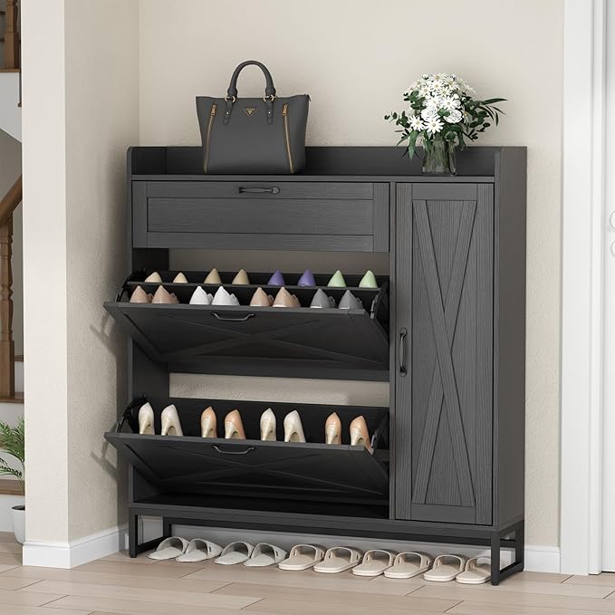 Free Standing Shoe Organizer with 2 Flip Drawers and Side Cabinet, Entryway Narrow Shoe Storage with Door for Hallway and Living Room (Black Plus)-NeatNest