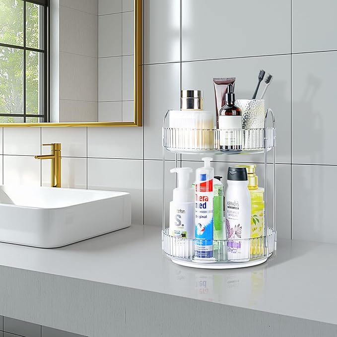 360 Rotating Makeup Organizer, 2 Tier Lazy Susan Bathroom Organizer, Easy to Install, Ideal Storage for Perfume, Skincare, Cosmetic, Dresser or Vanity Countertop (Silver Clear, 2 Tier)-NeatNest