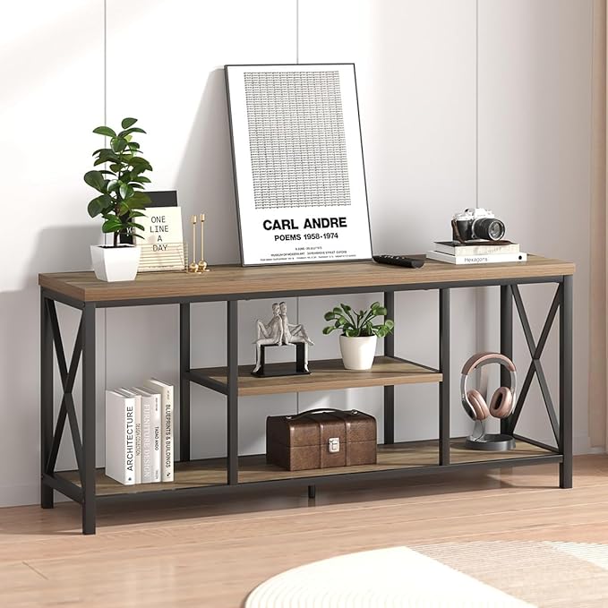 FOLUBAN TV Stand for TV up to 65 inch, Rustic Wood and Metal Entertainment Center with Storage Shelves, Modern Industrial Media TV Console Table for Living Room, Oak 55 inch