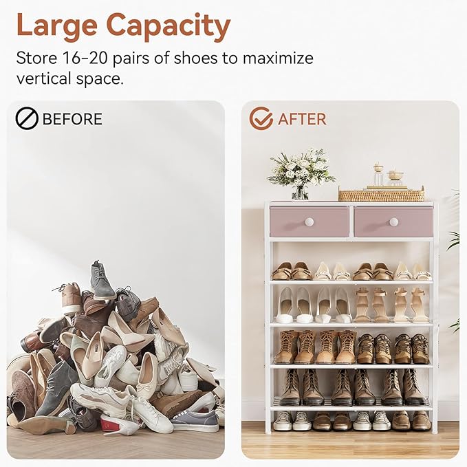 Shoe Rack for Entryway, 5 Tier Shoe Organizer with 2 Non-Woven Drawers, Metal Storage Shoe Shelf for 16-20 Pairs of Shoes, with Wooden Top and Steel Frame, Shoe Stand for Closet Pink-NeatNest