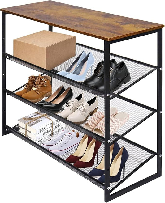 Garden 4 you 4-Tiers Shoe Storage Freestanding Organizer Modern 25.2 in Tilting Adjustable Shoe Rack for High Heels, Entryways, Hallways, Closets, Dormitory Rooms, Industrial, Brown-NeatNest