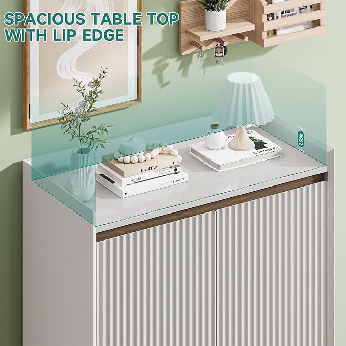 White Fluted Shoe Cabinet, 5-Tier Shoe Storage Cabinet with Adjustable Shelves, 43.7”H Tall Shoe Cabinet Storage for Entryway Hallway Living Room, Shoe Rack Organizer White & Walnut Wave Fluted Design-NeatNest