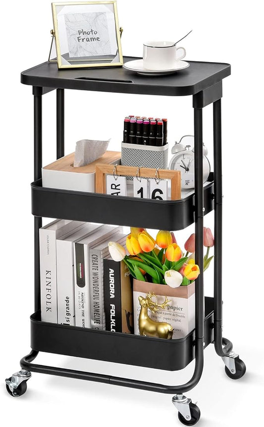 TOOLF 3-Tier Metal Rolling Storage Cart with Tabletop, Utility Rolling Carts with Wheels,Trolley Organizer with Handle for Library Office Classroom Home Bedroom, Black