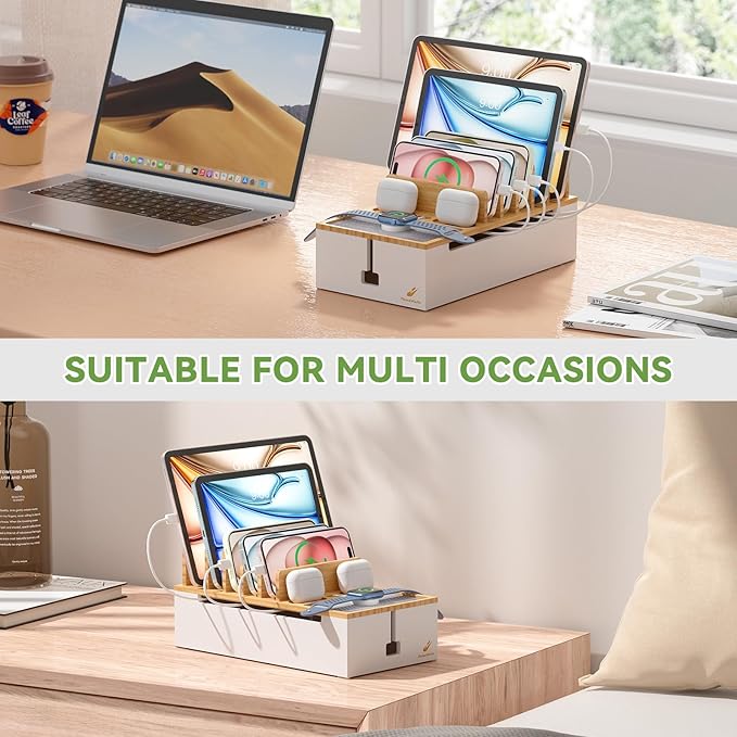 Pezin & Hulin Bamboo Cable Management Box, Wire Organizers for Cords, Charge Station Box, Desktop Dock Organizer Rack for Electronic Device (Include 6 Cables)(No Power Adapter) -Natural + White
