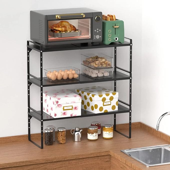 Expandable Kitchen Cabinet Shelf Organizers 3 Pack, Stackable Metal Pantry Storage Shelves Rack, Adjustable Counter Shelf for Cabinets, Countertop, Cupboard Organizers and Storage, Black-NeatNest