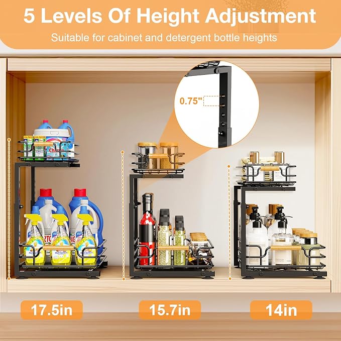 JYPS 2 Pack Under Sink Organizer, 2 Tier Pull out Under Kitchen Bathroom Sink Organizer and Storage, Metal Sliding Drawer for Cabinet Pantry Undersink Organizers Shelf-NeatNest