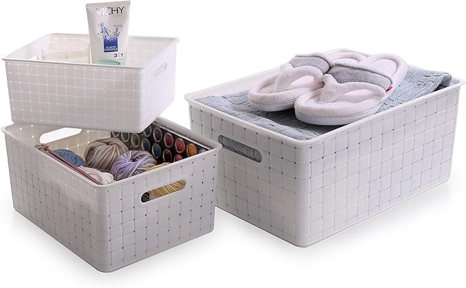 BINO Plastic Basket, Medium - White, 4 Pack, THE STABLE COLLECTION, Multi-Use Storage Basket, Rectangular Cabinet Organizer, Baskets for Organizing with Handles, Home & Office Storage Organizer-NeatNest