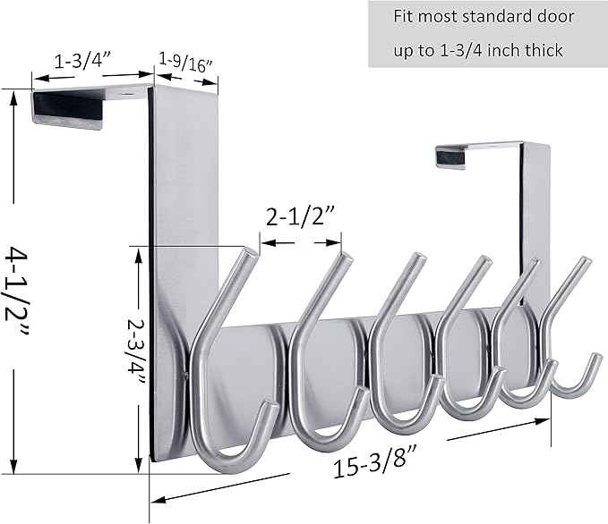 WEBI Over The Door Hook Door Hanger:Over The Door Towel Rack with 6 Hooks for Hanging Coats,Towel Hanger Door Coat Hanger Over Door Coat Rack for Towels,Clothes,Back of Bathroom,Silver
